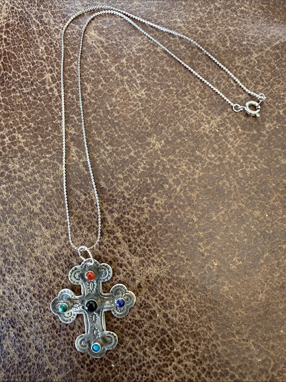 Taxco Sterling Silver Cross Necklace with Multicolored Stones